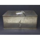 An early 20th century cast metal strong box, with hinged lid and key, painted orange interior, H.