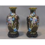 A pair of cloisonne enamel vases, decorated with blossoming branches on a black ground with gilt