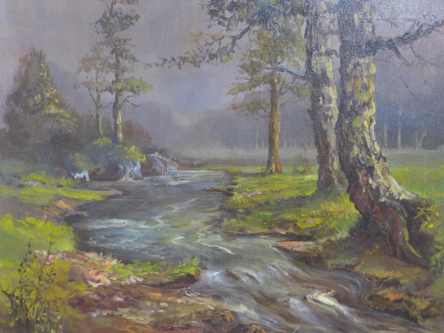 A Framed oil on canvas of trees by a stream, signed F. Meres H.49 W.59cm