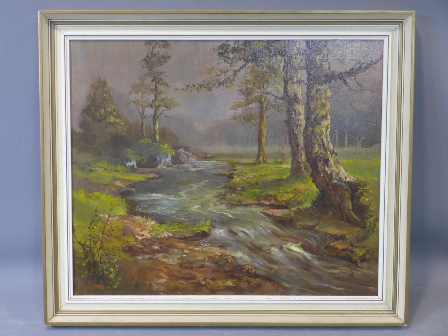 A Framed oil on canvas of trees by a stream, signed F. Meres H.49 W.59cm - Image 2 of 3