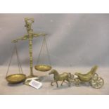 20th century large brass table scale and a horse with a chariot