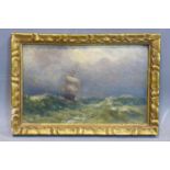 `9th century oil on board, Ship on heavy seas, c.1880, with inscription to verso 'painted about 1880