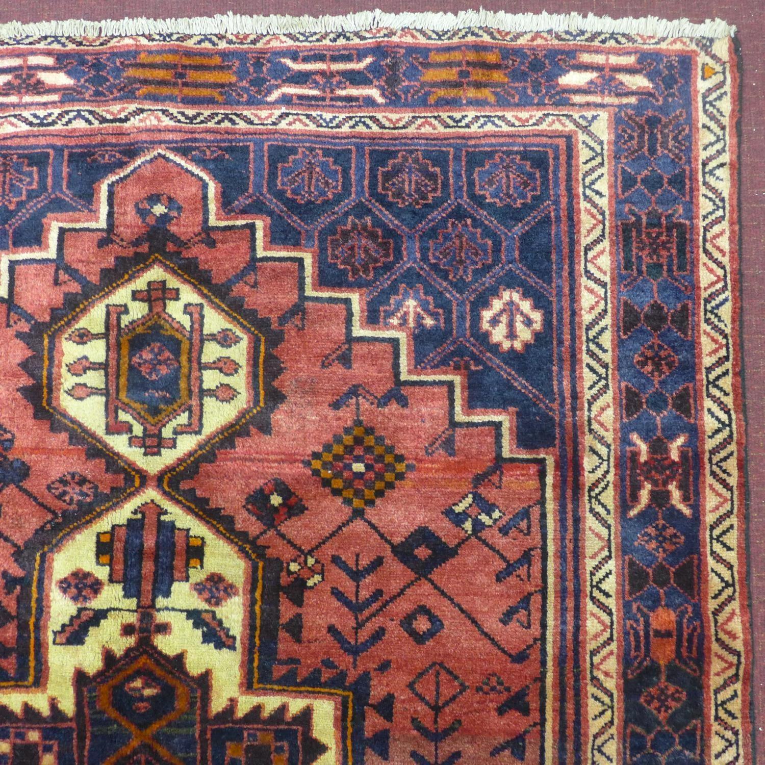 A north west Persian Afshar rug, 240cm x 160cm, triple polo medallion, with repeating geometrical - Image 3 of 5