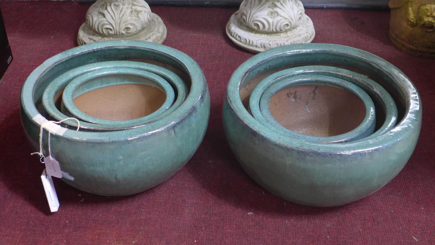 Two sets of three teal glazed planters, H.23cm Diameter 43cm (largest) (6)