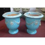 Two small Anduze urn style blue glazed planters, decorated with floral swags, H.51cm Diameter 41cm