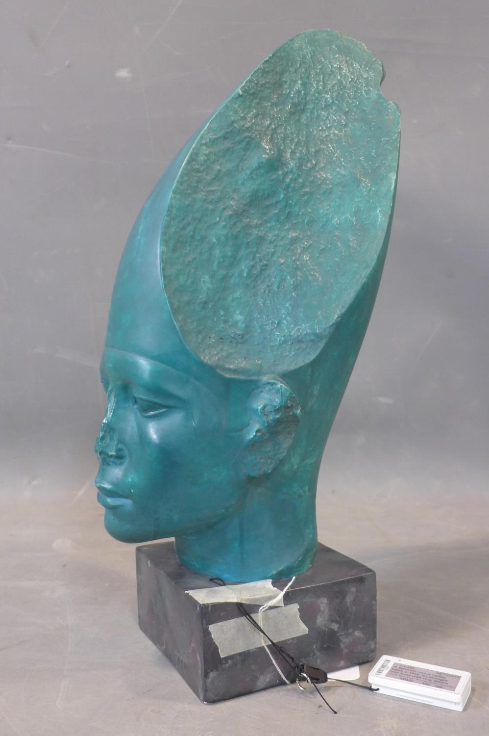 A turquoise cast plaster Egyptian style head, indistinctly signed to reverse, on faux marble cast - Image 2 of 5