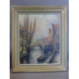 Robert Frenay (1903-1986), View of a River through a Town, oil on board, signed lower right, framed,