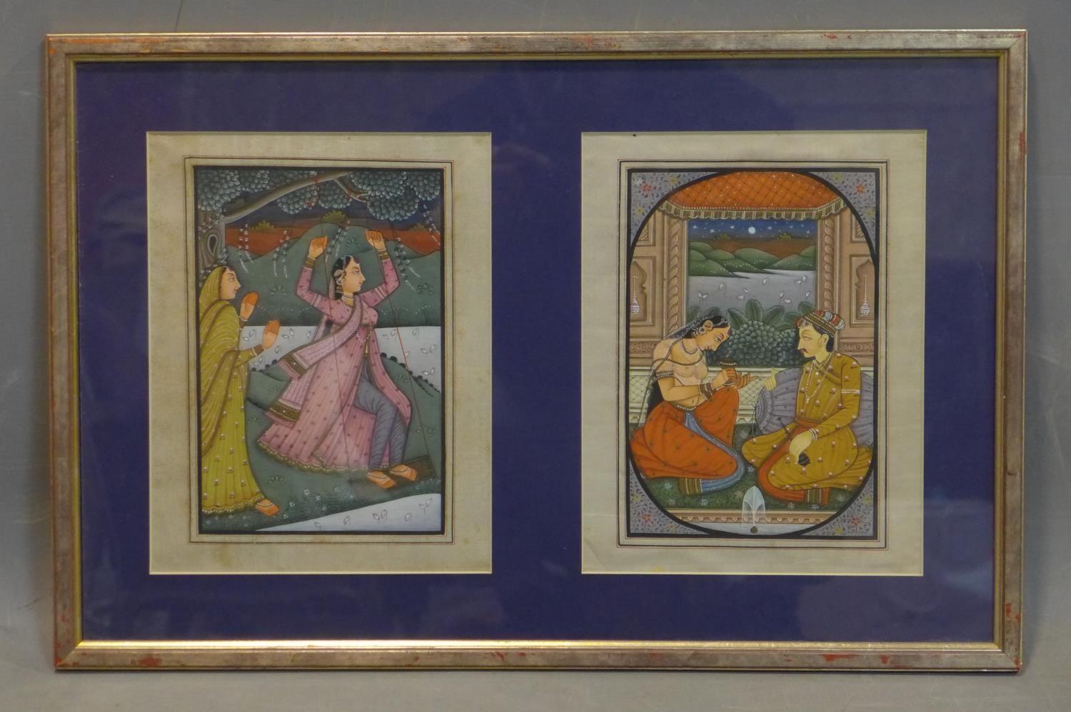 A late 19th century Mughal diptych painting on silk, one depicting a nobleman and semi nude lady,