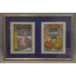 A late 19th century Mughal diptych painting on silk, one depicting a nobleman and semi nude lady,