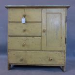 A distressed painted pine wall hanging kitchen cupboard, with three short drawers, one cupboard door