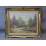 20th century school, landscape scene with cottage in a forest, oil on board, in gilt frame, 39 x