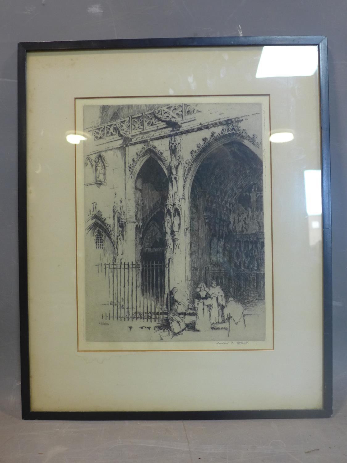 Andrew Fairbairn Affleck, (1874 - 1935), Gothic Cathedral, etching, signed, framed and glazed, 54 - Image 2 of 2