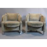 Two Art Deco tub chairs, on cylindrical metal legs, staining to upholstery, H.72cm