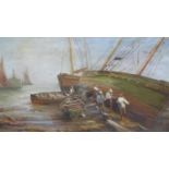 Richard Short (1841?1919), Boat Hull Repairers, oil on canvas, signed, framed, 75 x 45 cm