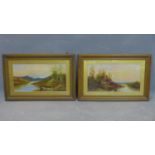 A pair of oil on boards depicting landscape scenes, one with a cottage with mountains to background;