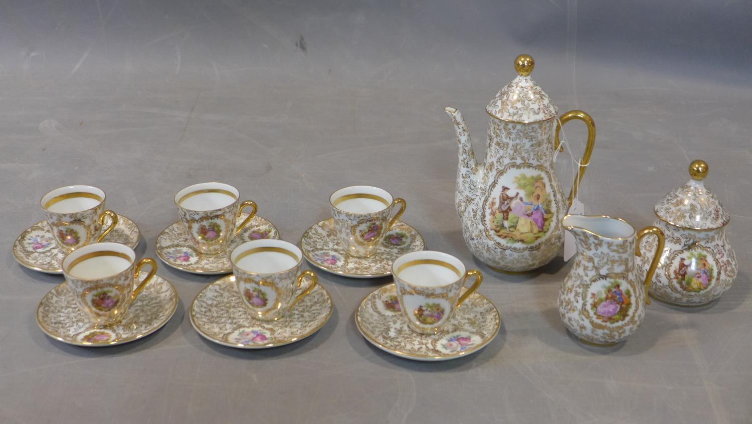 Neo Rococo Coffee set by Dekor Stil Limoges, including six cups and saucers, coffee pot, sugar bowl,