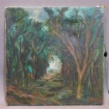 British school 20th century, a path in the forest, oil on canvas, signed, 35 x 35 cm