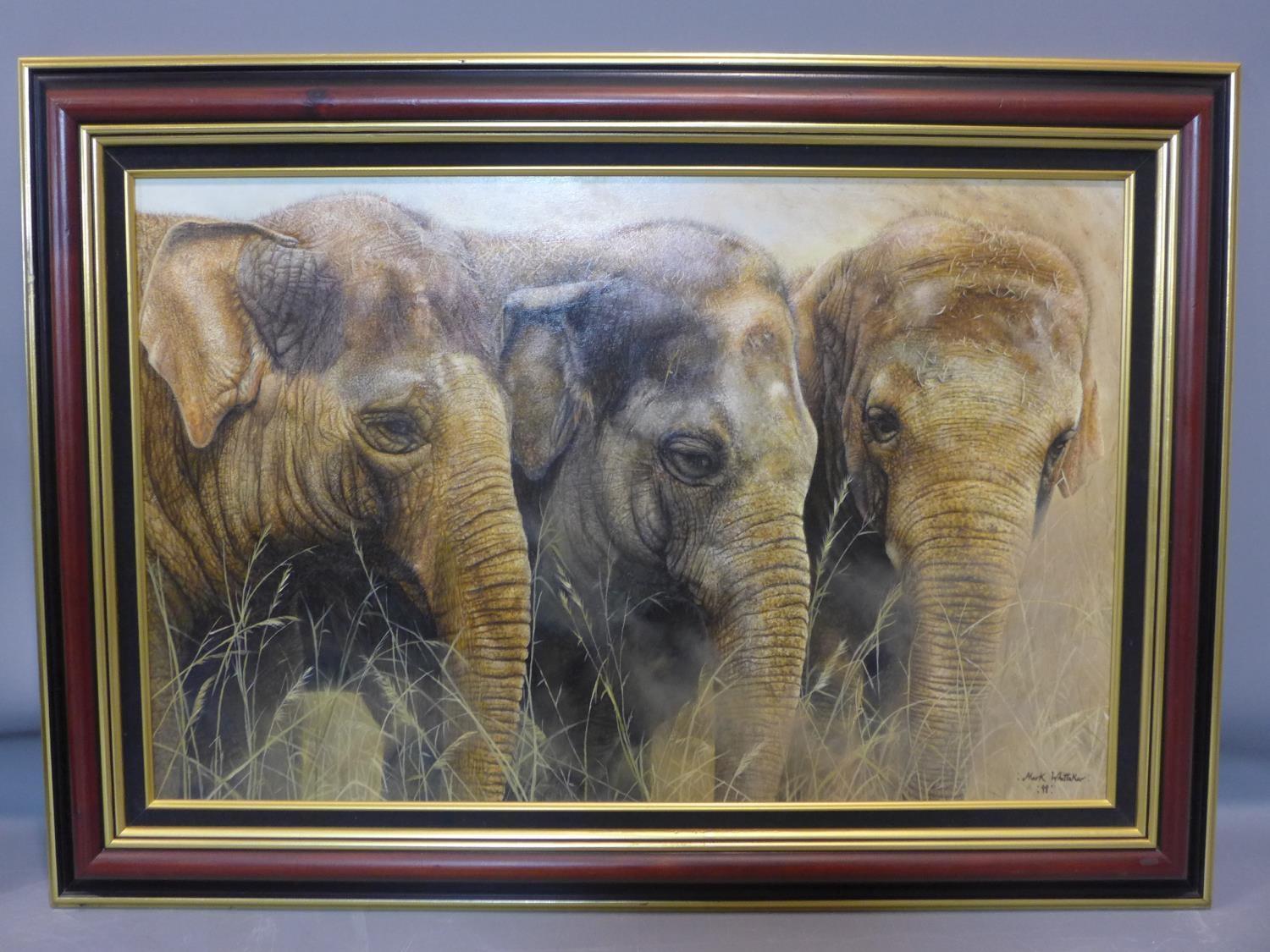 Mark Whittaker (British, b.1964), 'The Young Ones, Three Elephants', acrylic on board, signed and - Image 2 of 3