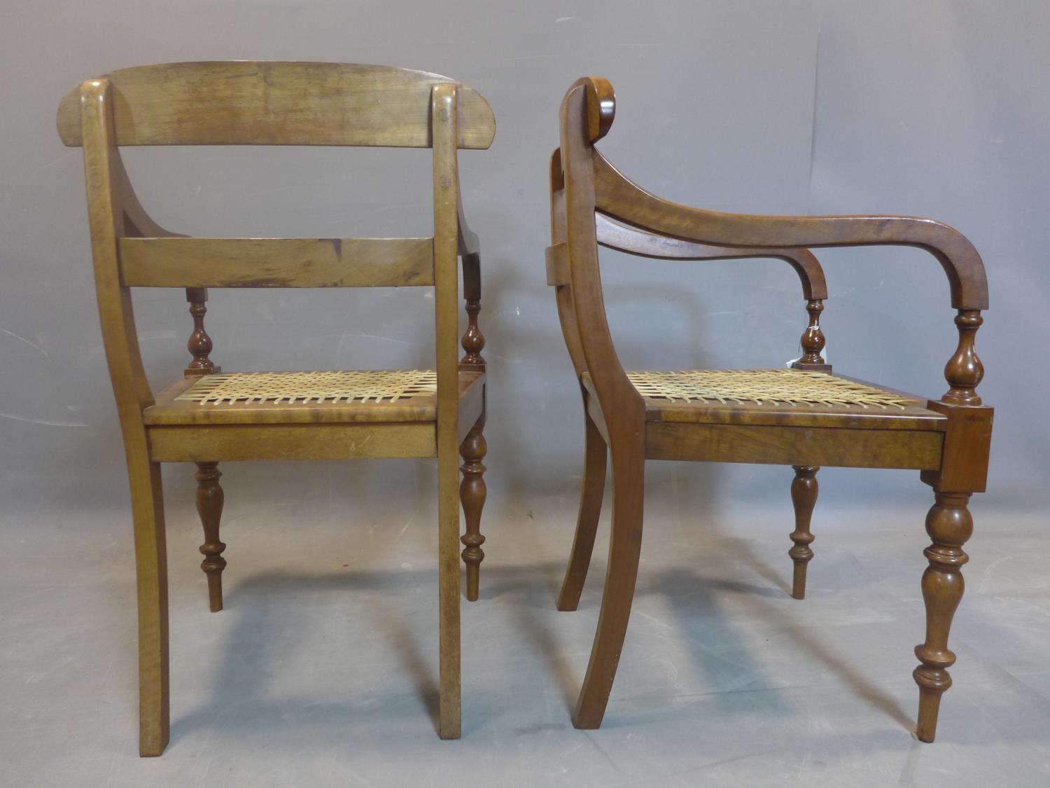 A pair of 19th century mahogany scroll armchairs, on turned baluster supports, having hide cord - Image 3 of 3