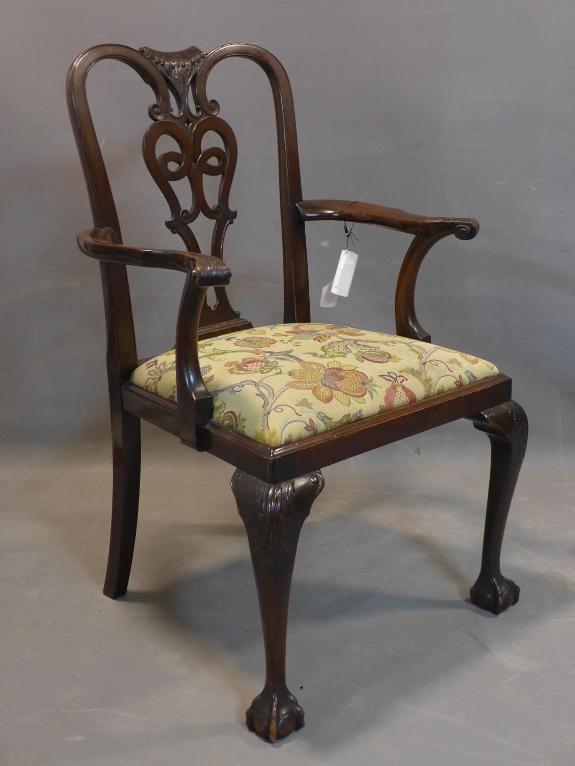 19th century mahogany Chippendale style hallway armchair, with drop-in seat and scroll arms, - Image 2 of 2