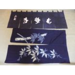 Two pieces of Japanese Noren fabric with white characters and patterns on dark blue ground, to