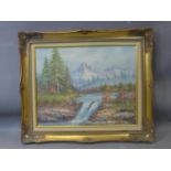 20th century school, a waterfall in a mountainous landscape, oil on board, in gilt frame, 39 x 49cm