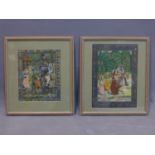Two late 19th century Mughal paintings, one depicting a deity with two ladies and a child by a