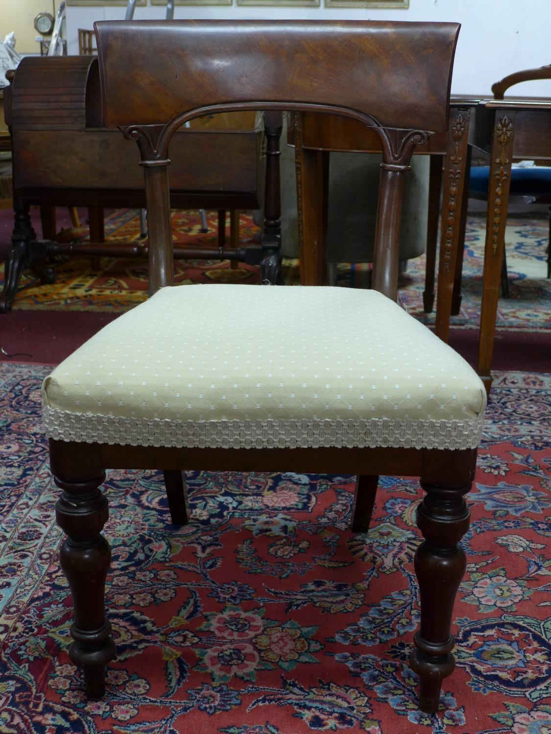 A set of four mahogany William IV dining chairs, with cream upholstered seats, on turned legs, label - Image 2 of 6