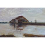 20th century Dutch school, Landscape with farm and mills, oil on board, framed, 40 x 34 cm