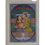 A late 19th century Mughal painting of two lovers by a fountain at night, gouache, framed and
