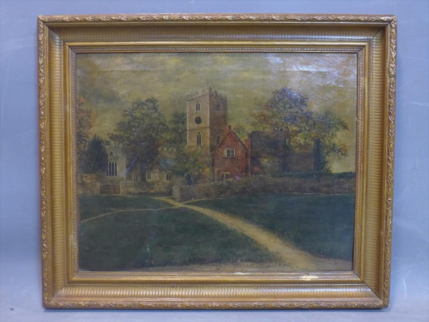 Late 19th century school, 'St Denys Stanford in the Vale', view of a church, oil on canvas,