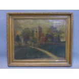 Late 19th century school, 'St Denys Stanford in the Vale', view of a church, oil on canvas,