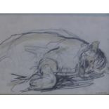 Contemporary British draughtsman, sleeping cat, pencil and watercolour, signed and dated 'G.