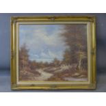 20th century school, Cottage in the woods in a mountainous landscape, oil on board, in gilt frame,