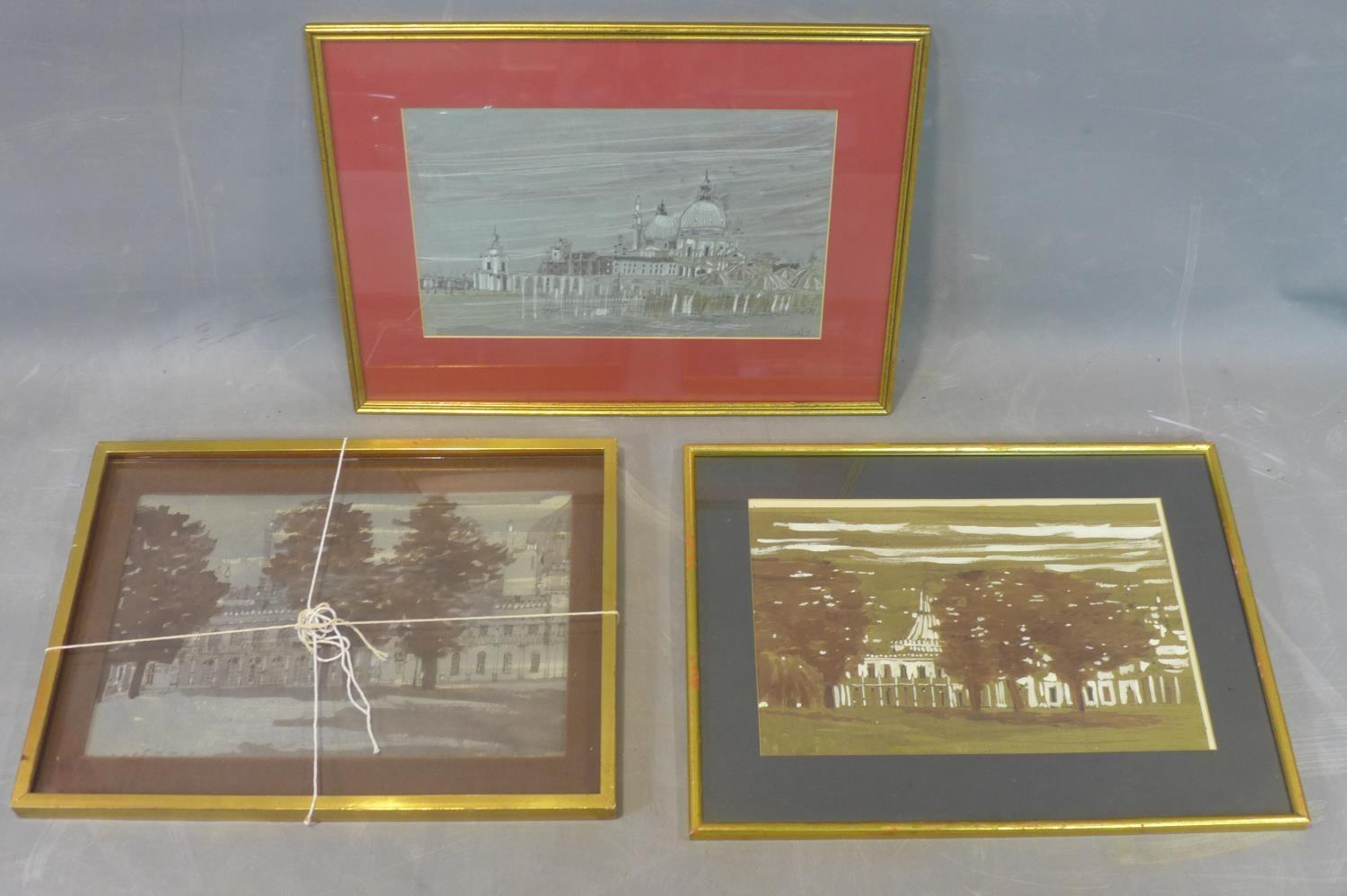 Talbot Hicks, three paintings to include a watercolour possibly of Brighton Pavilion, 31 x 47cm;