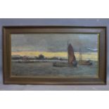 Cornelis de Bruin (Dutch, 1870-1940), Fishing Ships by a Quay, oil on canvas, 40 x 80cm