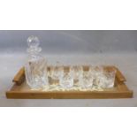 Whiskey decanter set with six crystal scotch rocks glasses with a wooden tray