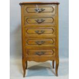 A French pedestal chest of five drawers, on cabriole feet, H.85 W.46 D.34cm