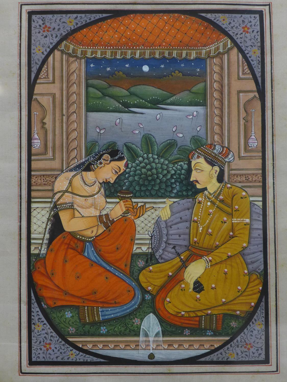 A late 19th century Mughal diptych painting on silk, one depicting a nobleman and semi nude lady, - Image 2 of 3