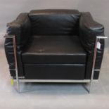 A Le Corbusier style chrome and black leather sofa, with label for Amax, H.72 W.90 D.76cm