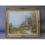 20th century school, a house with watermill in a mountainous landscape, oil on board, in gilt frame,