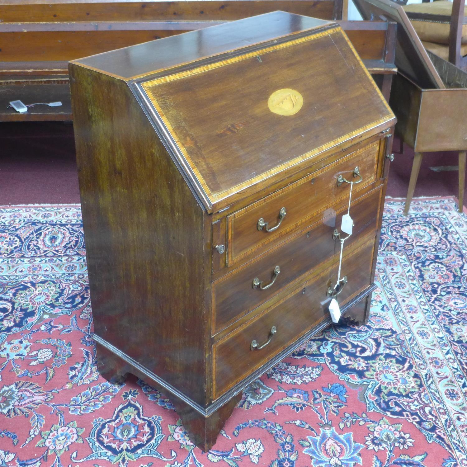 An Edwardian Sheraton Revival inlaid mahogany bureau, with shell paterae to slope, having fitted - Image 2 of 3