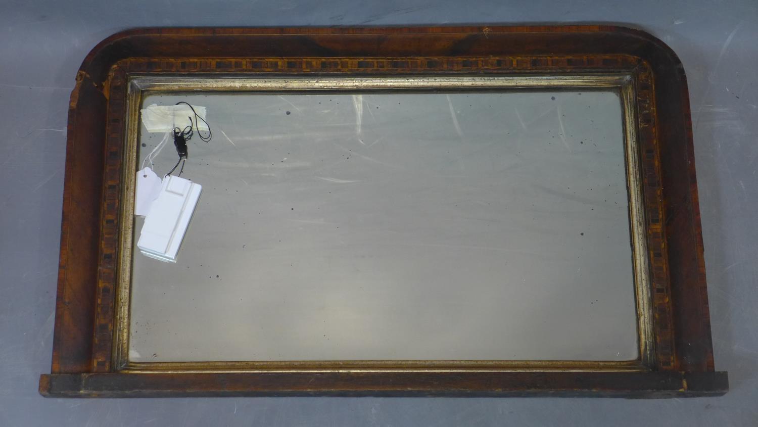 An inlaid walnut overmantle mirror, 43 x 72cm