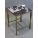 A brass and marble lamp table with label for Maples Depository, on square legs, H.49 W.39 D.38.5cm