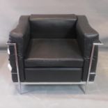 A Le Corbusier style chrome and black leather sofa, with label for Amax, H.72 W.90 D.76cm