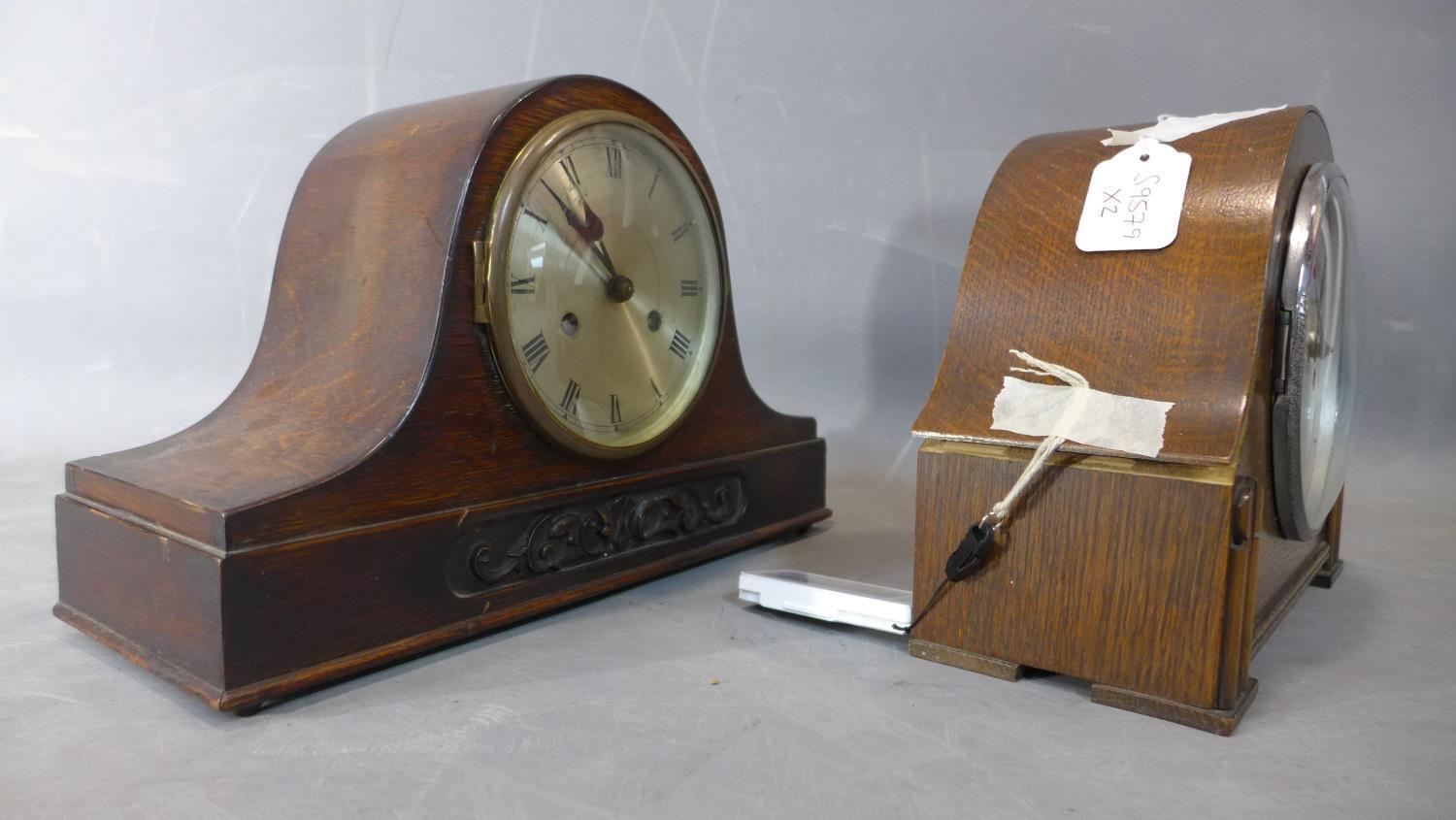 Two 1920's English mantle clocks, both having silvered dials with Roman numerals, 8 day movements, - Image 2 of 4