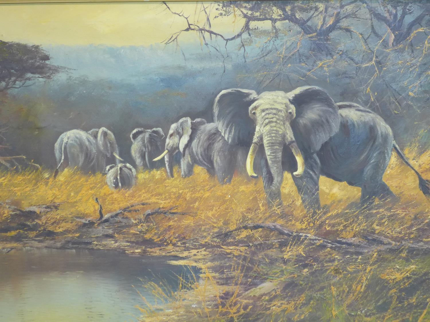 British school 20th century, Herd of elephants, oil on canvas, framed, 75 x 54 cm