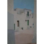 British school, View of a street in Ibiza, tempera on paper, signed, 'Rich', framed and glazed, 35 x