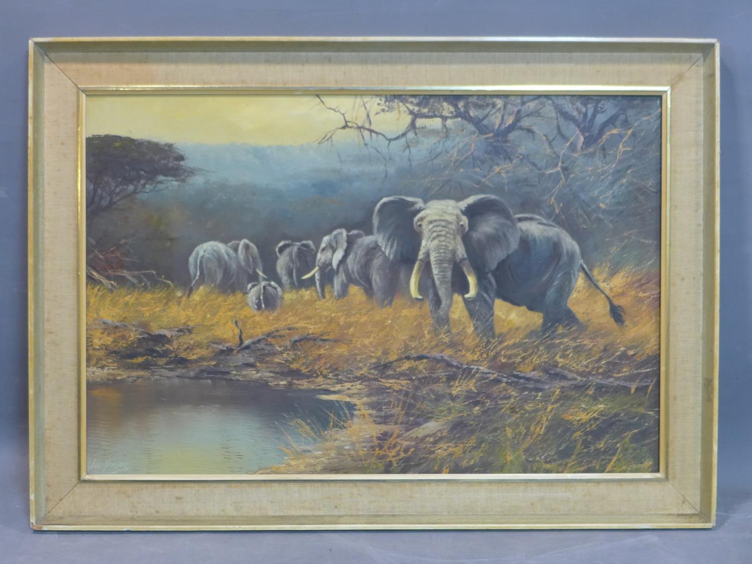 British school 20th century, Herd of elephants, oil on canvas, framed, 75 x 54 cm - Image 2 of 3