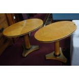 A pair of burr ash, elm and oak oval side or lamp tables in the style of David Linley